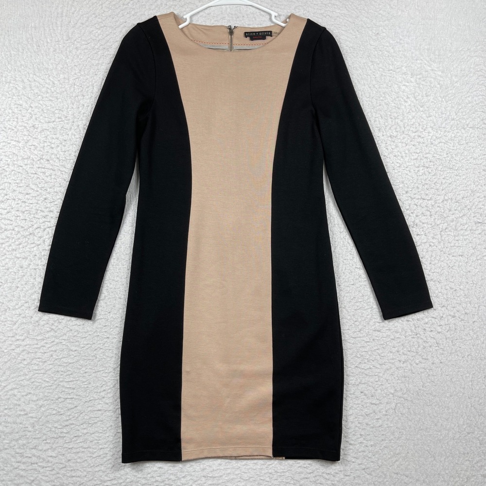 Alice + Olivia Employed Sheath Dress Womens 8 Tan Black Colorblock Long Sleeve